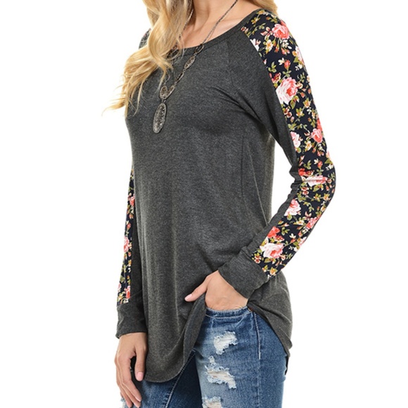 Cool Melon Tops - Cool Melon Gray Floral-Contrast LS Top